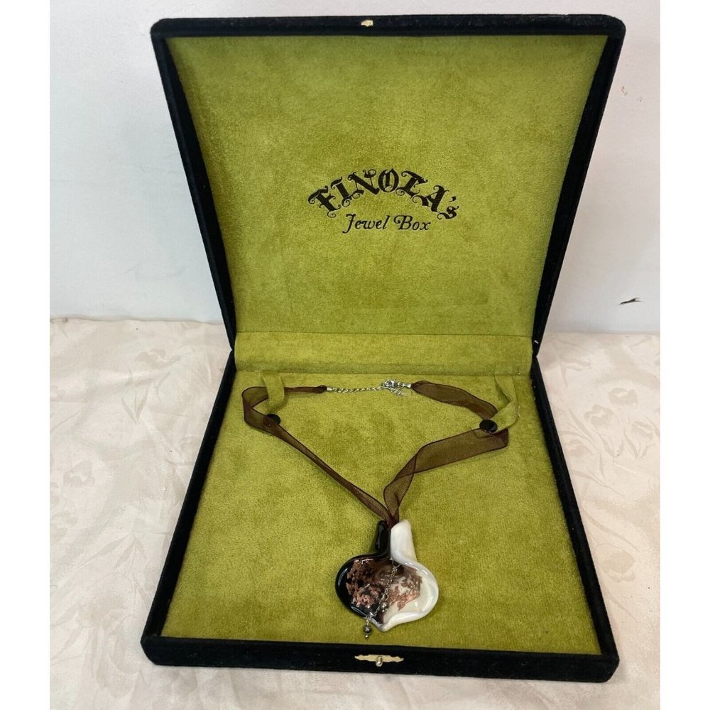 Signed Finola Hughes Black White Diachroic Glass Lily 925 Sterling Necklace